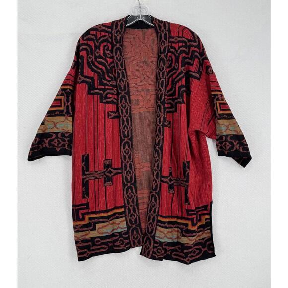 Peruvian Connection Sweaters - Peruvian Connection Red Aztec Hokkaido 100% Pima Cotton Fresco Kimono Cardigan